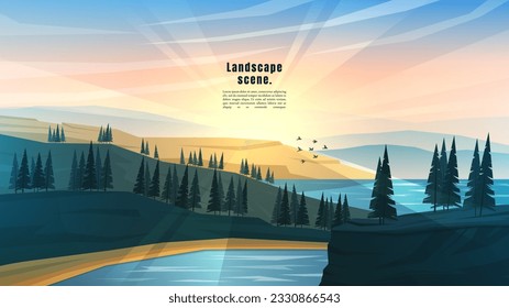 Peaceful landscape. Vector illustration. Minimalist style. Colorful wallpaper in the natural concept. Silhouettes of the mountains by forest trees. Slopes, relief. Woods near water. Evening sunset