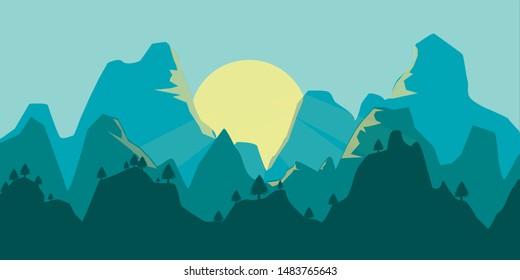 Peaceful landscape, Vector mountains and forest landscape early in a daylight, Vector Background with Mountains, Vector wallpaper with a landscape.