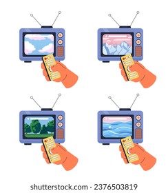 Peaceful landscapes retro tv watching 2D illustration concepts set. Remote control, dreamy mood isolated cartoon character hands collection, white background. Metaphors abstract flat vector graphic