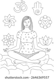 Peaceful Line Art Illustration of a Woman Meditating, Embodying Tranquility, Mindfulness, and Spiritual Wellness.