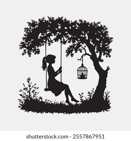 Peaceful  a little girl on swing under tree silhouette for creative designs. Perfect for creative projects, decals, or decorative designs inspired by nature and tranquility