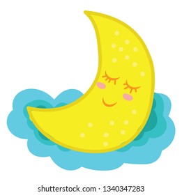 Luna de aspecto pacífico durmiendo sobre un dibujo o ilustración de color vectorial de la nube 