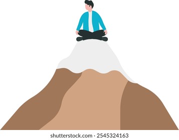 Сalm peaceful man meditates sitting on a hill. Mindfulness meditation to balance work and life, mental health healing with relaxing yoga, enjoy freedom, peace and solitude concept.

