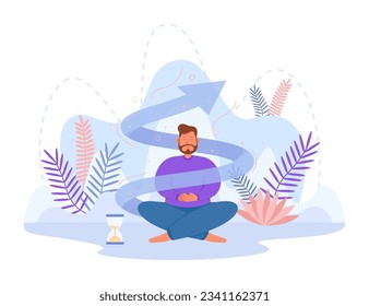 Peaceful man meditating with hourglass vector illustration. Spiral of air flowing around person doing yoga and focusing on breathing. Mindful breathing, self-care, mental health concept