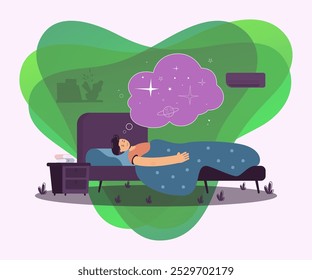 Hombre tranquilo durmiendo en el dormitorio, descansando en la cama, espacio de ensueño. Ilustración vectorial para un sueño saludable, atención médica, almohada cómoda y concepto de colchón