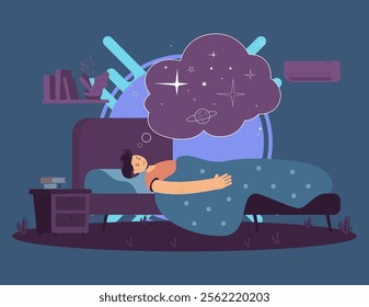 Peaceful man sleeping in bedroom, resting in bed, dreaming space. Vector illustration for healthy sleep, healthcare, comfortable pillow and mattress concept