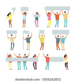 Peaceful man, woman holding banners and placards. People at demonstration, picket. Vector isolated characters for peace protest concept. Demonstration with placard, picket worker illustration