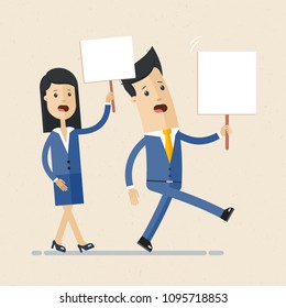 Peaceful man, woman holding banners and placards. People at demonstration, picket. Vector isolated characters for peace protest concept. Demonstration with placard