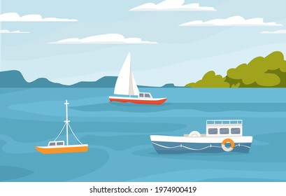 Peaceful marine landscape with sailboats, ships floating in sea. Passenger sail boats, yachts in ocean. Colored flat vector illustration of serene nature with sky horizon with clouds