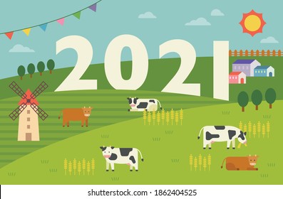 A peaceful meadow background where the cows eat grass. flat design style minimal vector illustration.