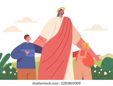 Peaceful Meadow Scene With Jesus Stand Among Children, Surrounded By Nature. Concept Of Love And Kindness Of Jesus