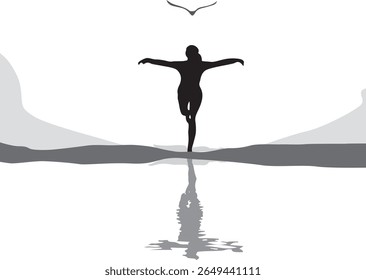 Peaceful meditation and balance concept illustrated by a human figure standing in a yoga pose on the edge of calm water with a bird soaring in the clear sky above