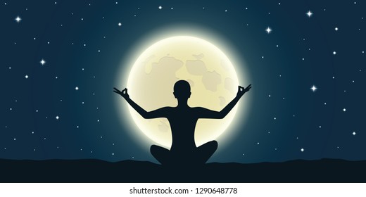peaceful meditation at full moon and starry sky vector illustration EPS10