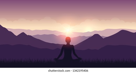 peaceful meditation with mountain view purple landscape and sunshine vector illustration EPS10