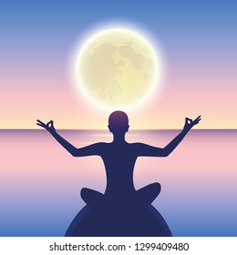 peaceful meditation on a calm sea at moonlight vector illustration EPS10