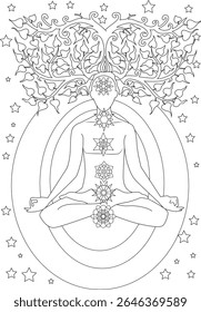 Esquema de meditação pacífica desenho com chakras, árvore sagrada da vida, e estrelas para ioga, cura espiritual, e coloração.