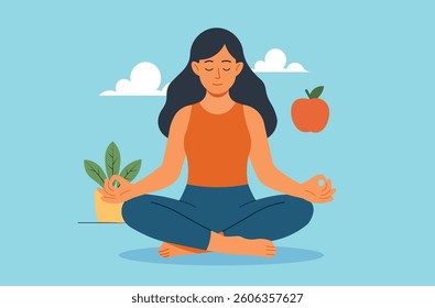 Peaceful meditation for wellness. Woman practicing yoga, symbolizing mindfulness, healthy lifestyle, and mental health. Relaxation, balance, and wellbeing concept.