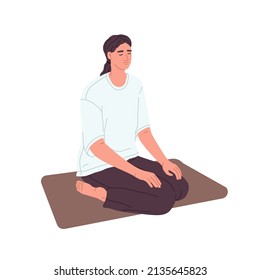 Peaceful meditation and yoga practice. Calm woman meditating in kneeling asana, zen pose. Person sitting on mat during retreat, relaxation. Flat vector illustration isolated on white background