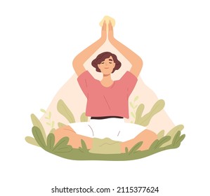 Peaceful Meditation And Yoga Practice Of Woman. Person Meditating And Relaxing In Zen Lotus Position. Harmony, Balance And Awareness Concept. Flat Vector Illustration Isolated On White Background