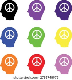 Peaceful mind icon. Human head silhouette with pacifist symbol. Mental health graphic. Harmony and balance concept.