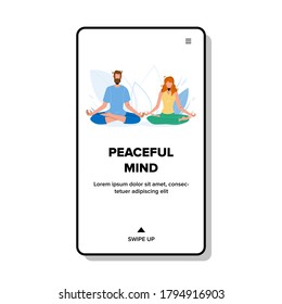 Peaceful Mind Meditating Young Boy And Girl Vector. Peaceful Mind Yoga People Exercising In Lotus Pose. Characters Relaxation Meditate Sitting With Crossed Legs Web Flat Cartoon Illustration