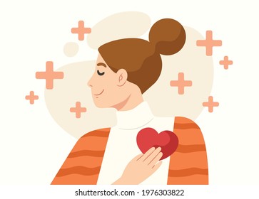 Peaceful mind woman touching her heart with positive emotion. Concept of mental health care, meditation, healthy relationship, self care, confidence, therapy, strong heart. Flat vector illustration.