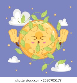 Peaceful moon wrapped in green vines under stars, vector illustration