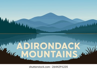A peaceful morning in the Adirondack Mountains, New York, where mist rises off the tranquil lakes and early sunlight illuminates the surrounding forest, creating a serene natural escape
