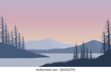Peaceful morning with a beautiful view of the mountains from the river bank. Vector illustration of a city
