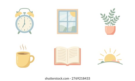 A peaceful morning setting with various objects.