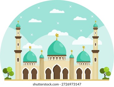 Paisaje pacífico de la cúpula de la mezquita con árboles y cielo azul brillante Esta ilustración se utiliza para representar una atmósfera pacífica y espiritual durante Ramadán, Eid al-Fitr y Eid al-Adha, destacando la arquitectura islámica en armonía con la naturaleza y reflejando la fe, la gratitud y la celebración.