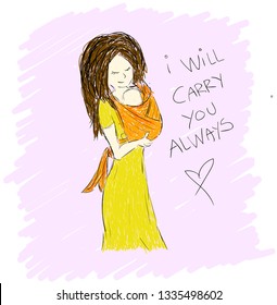 Peaceful mother carrying her newborn baby in an orange woven wrap