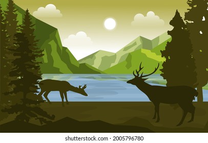 Peaceful Mountain Lake Deer Pine Trees Nature Landscape Illustration