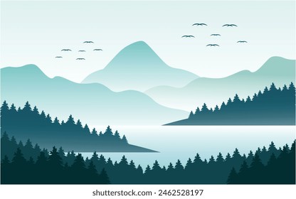 Peaceful mountain and lake panorama landscape in monochromatic flat illustration design template