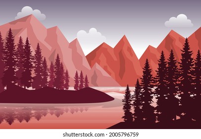 Peaceful Mountain Lake River Pine Tree Nature Landscape Illustration