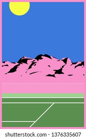 peaceful mountain landscape and tennis court, pastel minimal modern / vintage nostalgic style background illustration