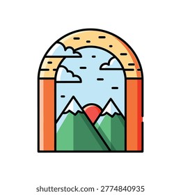 Peaceful mountain landscape view through an archway with sunset sky Vector