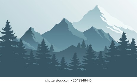 Peaceful Mountain Morning Landscape with Pine Forest Silhouettes Background