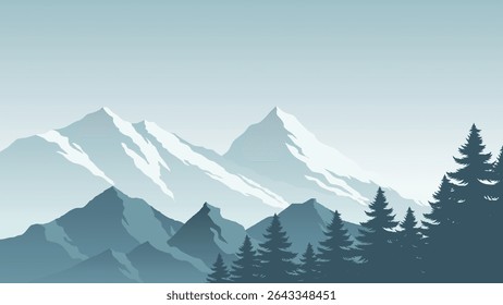 Peaceful Mountain Morning Landscape with Pine Forest Silhouettes Background