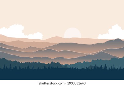 Peaceful Mountain Panorama Landscape in Monochromatic Flat Illustration