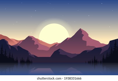 Peaceful Mountain Panorama Landscape in Monochromatic Flat Illustration