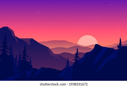 Peaceful Mountain Panorama Landscape in Monochromatic Flat Illustration