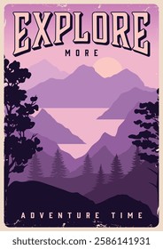 A peaceful mountain view features purple hues during sunset with silhouettes of trees framing the scene. The calm water reflects the colors of the sky inviting adventure.
