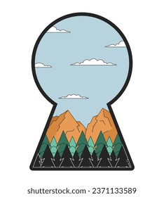 Peaceful mountains in keyhole shape 2D linear illustration concept. Mountainscape inside keyhole door cartoon scene isolated on white. Wanderlust access metaphor abstract flat vector outline graphic