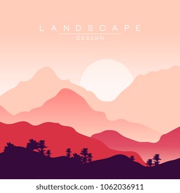 Peaceful mountains landscape at sunset, nature background for banner, flyer, poster and cover, vector ilustration