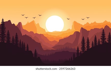 Peaceful Mountains Nature Landscape with Canyon and Sun at Sunset Sunrise