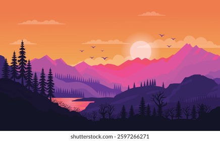 Peaceful Mountains Nature Landscape with River View and Sun at Sunset Sunrise