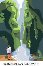 Atractivo paisaje natural. La persona viaja, mirando el río montañoso aislado en el cañón, el agua entre las rocas. Una mujer que disfruta de un entorno sereno, tranquilo y armonioso. Ilustración vectorial plana