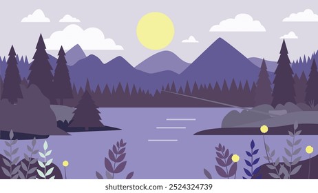Peaceful Nature Landscape of Mountain and Lake River with Sun in Purple Forest