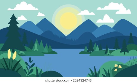Peaceful Nature Landscape of Mountain and Lake River with Sun in Green Forest